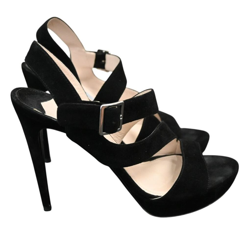 Prada Black Suede Strappy Platform High Heel Sandals Size 38.5 - Picture 3 of 12